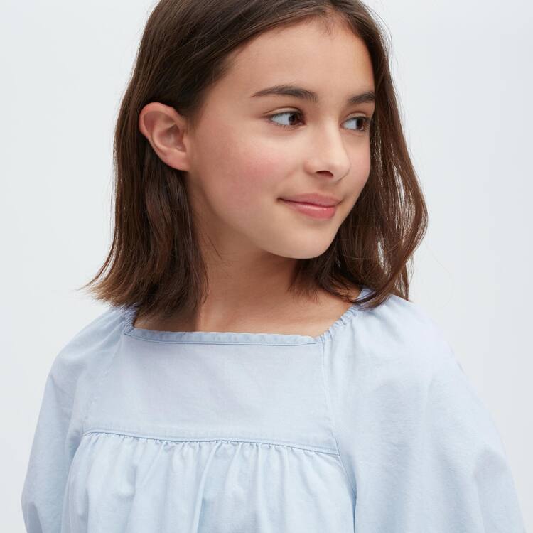 Uniqlo 100% Bavlnene Chambray Gathered Blúzky Detske Modre | HTOCQJ-068