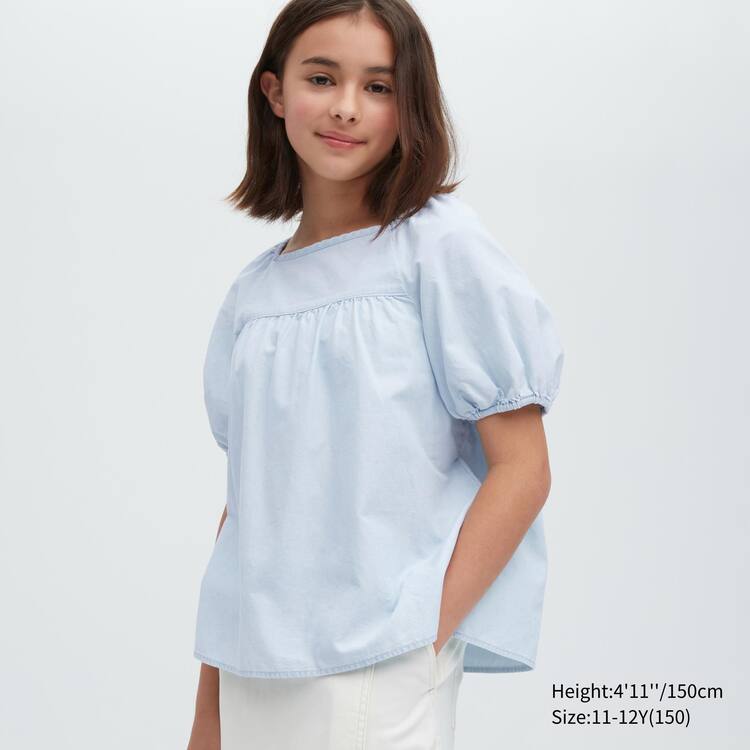 Uniqlo 100% Bavlnene Chambray Gathered Blúzky Detske Modre | HTOCQJ-068