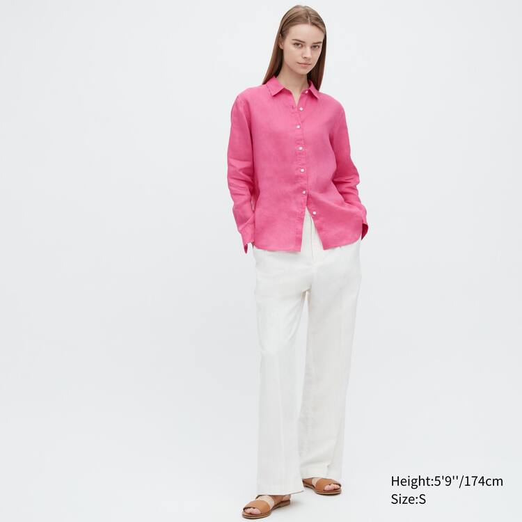 Uniqlo 100% Premium Linen Long Sleeved Kosele Damske Ruzove | CFJONQ-698
