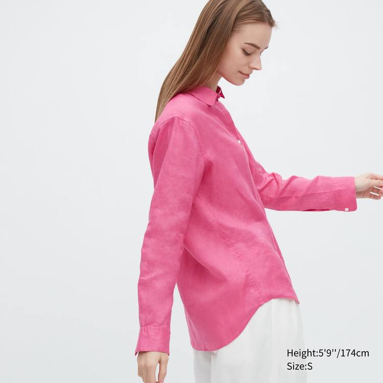 Uniqlo 100% Premium Linen Long Sleeved Kosele Damske Ruzove | CFJONQ-698