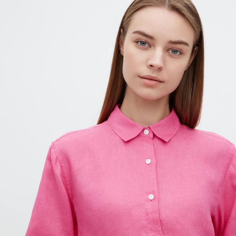 Uniqlo 100% Premium Linen Long Sleeved Kosele Damske Ruzove | CFJONQ-698