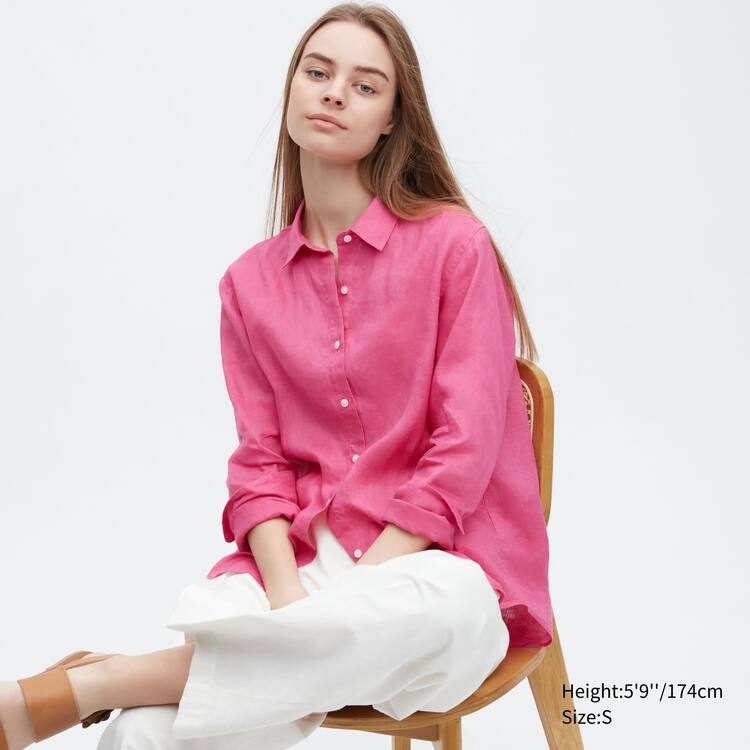 Uniqlo 100% Premium Linen Long Sleeved Kosele Damske Ruzove | CFJONQ-698