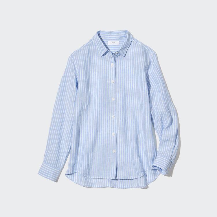 Uniqlo 100% Premium Linen Pruhované Long Sleeved Kosele Damske Svetlo Modre | UPBZHN-062