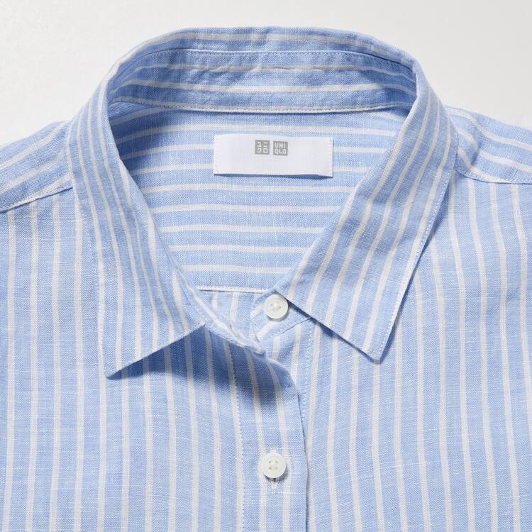 Uniqlo 100% Premium Linen Pruhované Long Sleeved Kosele Damske Svetlo Modre | UPBZHN-062