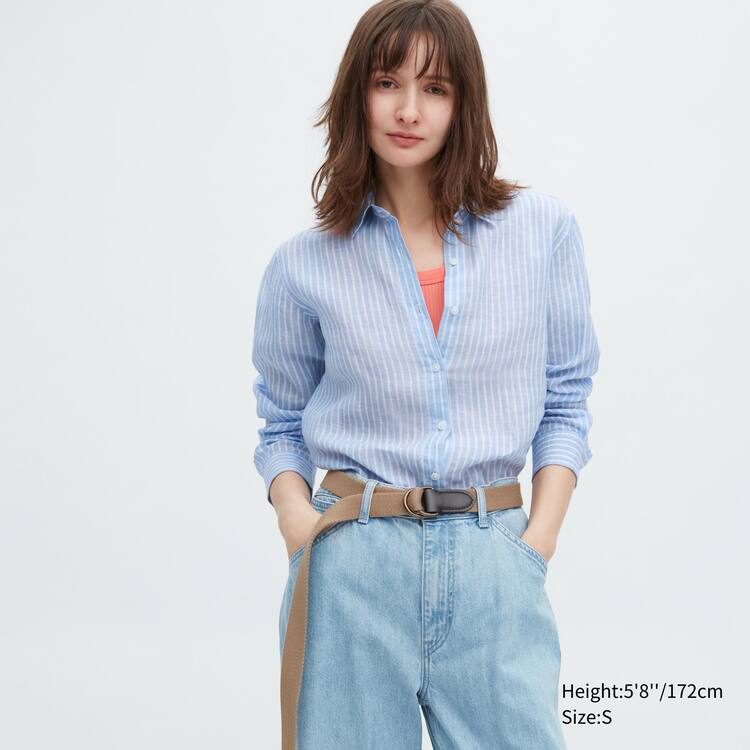 Uniqlo 100% Premium Linen Pruhované Long Sleeved Kosele Damske Svetlo Modre | UPBZHN-062