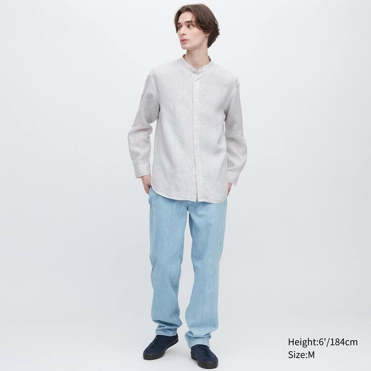 Uniqlo 100% Premium Linen Pruhované Regular Fit (Grandad Collar) Kosele Panske Modre | IAPJSM-680