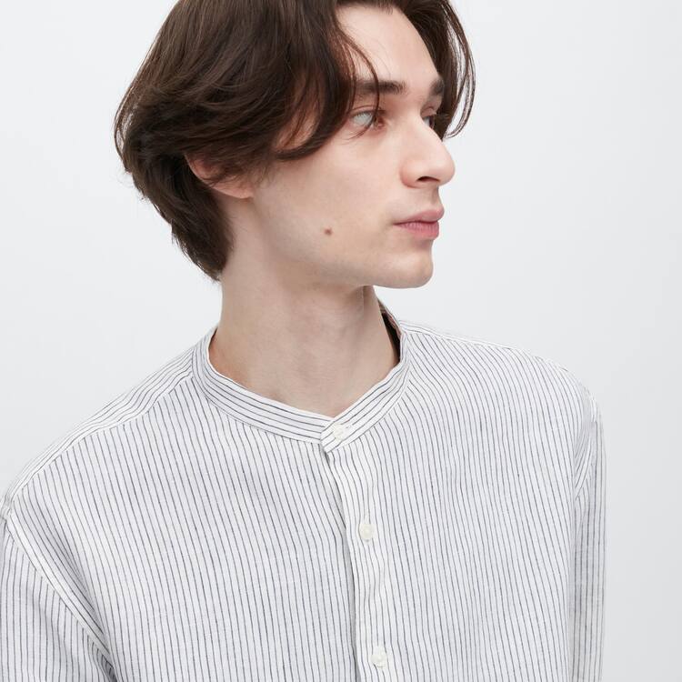 Uniqlo 100% Premium Linen Pruhované Regular Fit (Grandad Collar) Kosele Panske Modre | IAPJSM-680