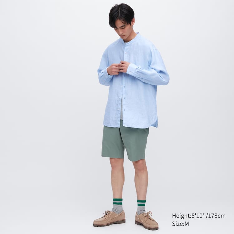 Uniqlo 100% Premium Linen Regular Fit (Grandad Collar) Kosele Panske Modre | DLSTPQ-239
