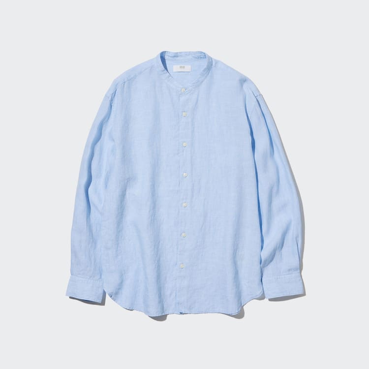 Uniqlo 100% Premium Linen Regular Fit (Grandad Collar) Kosele Panske Modre | DLSTPQ-239