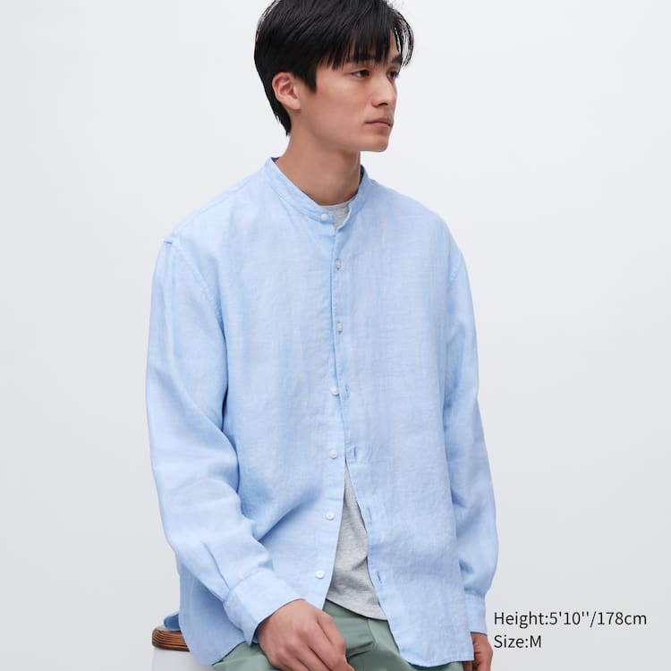 Uniqlo 100% Premium Linen Regular Fit (Grandad Collar) Kosele Panske Modre | DLSTPQ-239
