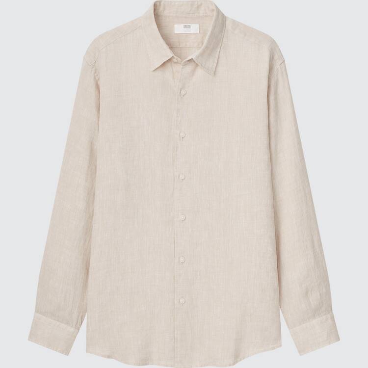 Uniqlo 100% Premium Linen Regular Fit (Regular Collar) Kosele Panske Béžové | GNVULS-235