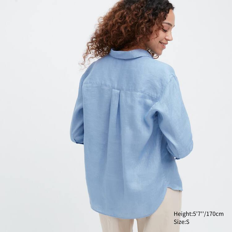Uniqlo 100% Premium Linen Skipper Collar 3/4 Sleeved Kosele Damske Modre | YXEURP-348