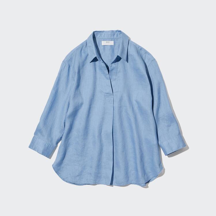 Uniqlo 100% Premium Linen Skipper Collar 3/4 Sleeved Kosele Damske Modre | YXEURP-348