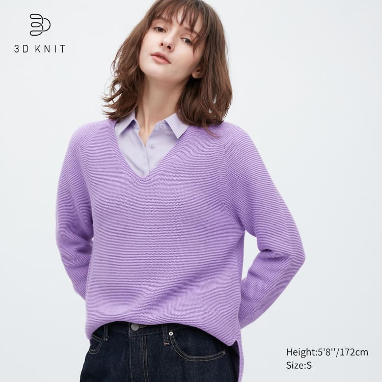 Uniqlo 3d Knit Seamless Bavlnene Blend V Neck Pleteniny Damske Nachový | OYXKDV-857