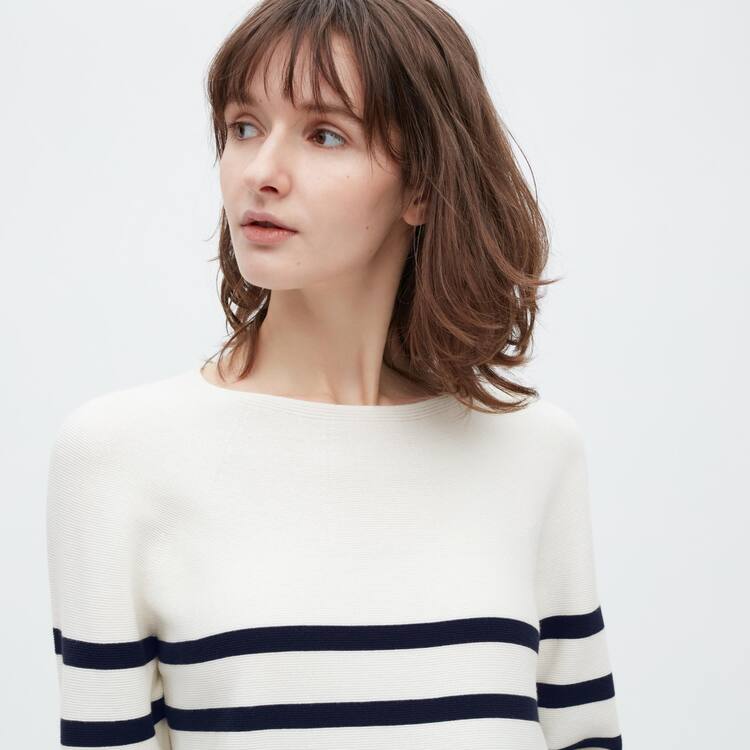 Uniqlo 3d Knit Seamless Bavlnene Pruhované Crew Neck Pleteniny Damske Biele | ZJWXOH-769