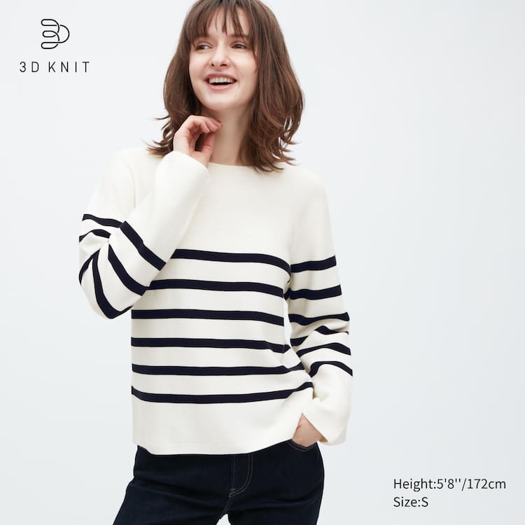 Uniqlo 3d Knit Seamless Bavlnene Pruhované Crew Neck Pleteniny Damske Biele | ZJWXOH-769