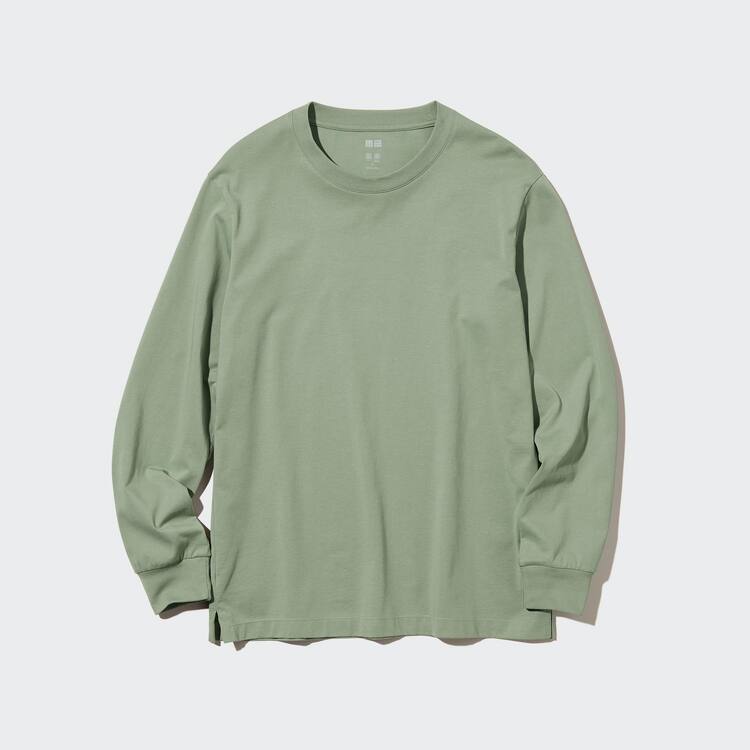 Uniqlo Airism Bavlnene Crew Neck Long Sleeved Topy Panske Zelene | GYVHCS-862