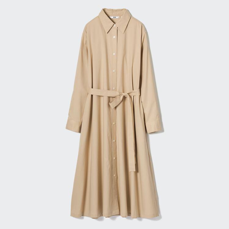Uniqlo Bavlnene A-line Long Sleeved Saty Damske Béžové | XKDJHO-296