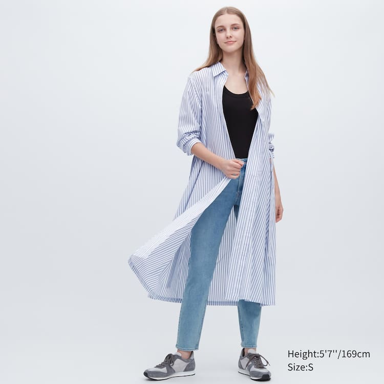 Uniqlo Bavlnene A-line Pruhované Long Sleeved Saty Damske Biele | JQWLSH-654