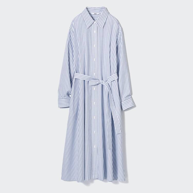 Uniqlo Bavlnene A-line Pruhované Long Sleeved Saty Damske Biele | JQWLSH-654