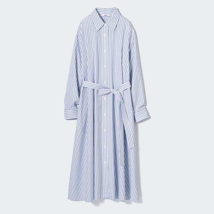 Uniqlo Bavlnene A-line Pruhované Long Sleeved Saty Damske Biele | JQWLSH-654