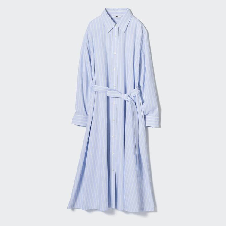 Uniqlo Bavlnene A-line Pruhované Long Sleeved Saty Damske Modre | MQVPKW-672