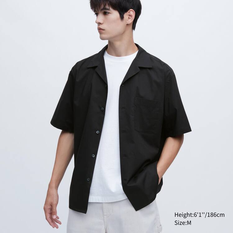 Uniqlo Bavlnene Blend Bežná Kratke Sleeved (Open Collar) Kosele Panske Čierne | BVMQOT-861