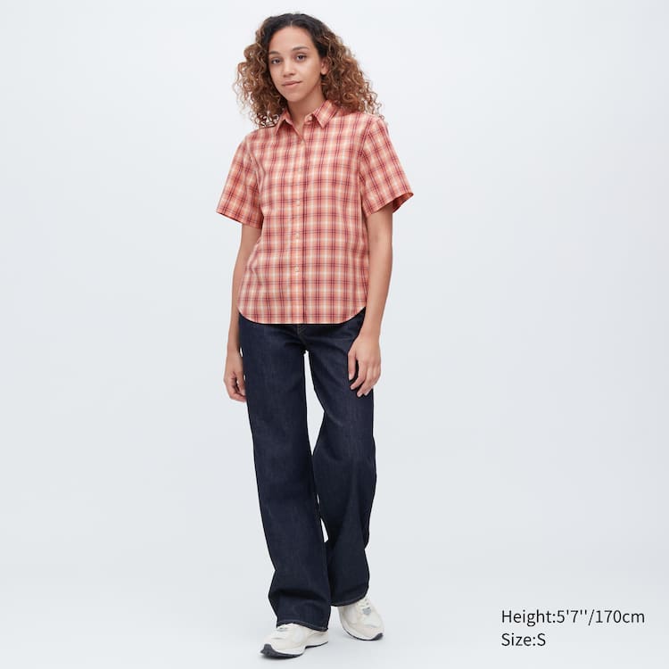 Uniqlo Bavlnene Checked Kratke Sleeved Kosele Damske Ruzove | DFERHS-507