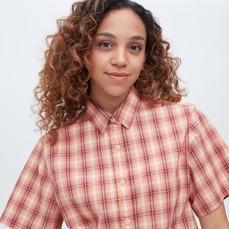 Uniqlo Bavlnene Checked Kratke Sleeved Kosele Damske Ruzove | DFERHS-507