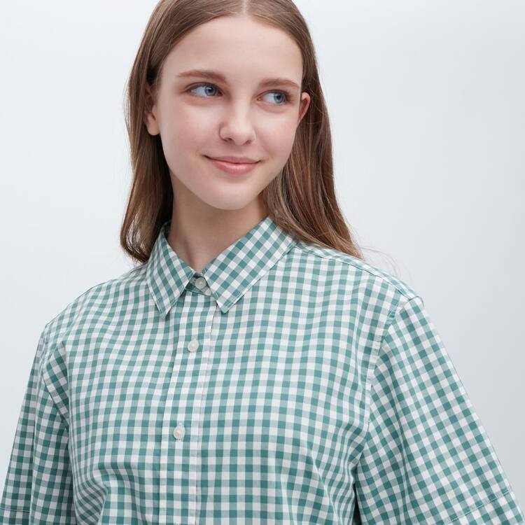 Uniqlo Bavlnene Checked Kratke Sleeved Kosele Damske Zelene | GXJNCE-164
