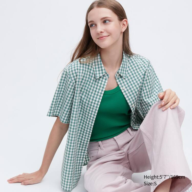 Uniqlo Bavlnene Checked Kratke Sleeved Kosele Damske Zelene | GXJNCE-164