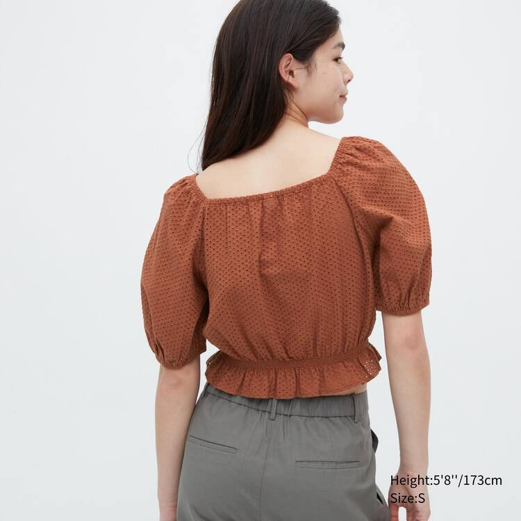 Uniqlo Bavlnene Embroidered Square Neck Kratke Sleeved Blúzky Damske Hnede | OGEHKX-307
