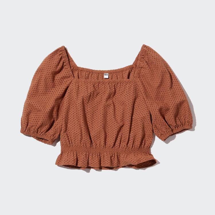 Uniqlo Bavlnene Embroidered Square Neck Kratke Sleeved Blúzky Damske Hnede | OGEHKX-307