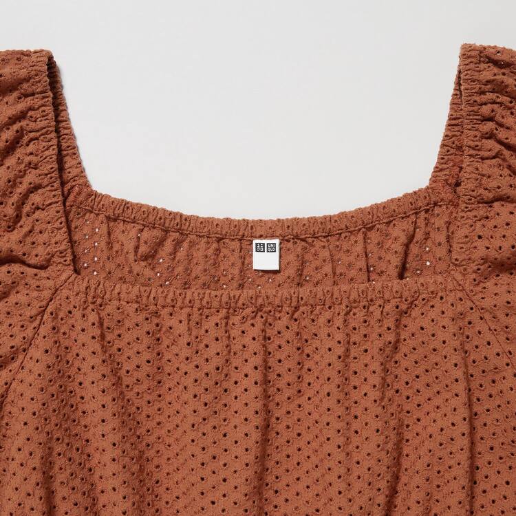 Uniqlo Bavlnene Embroidered Square Neck Kratke Sleeved Blúzky Damske Hnede | OGEHKX-307