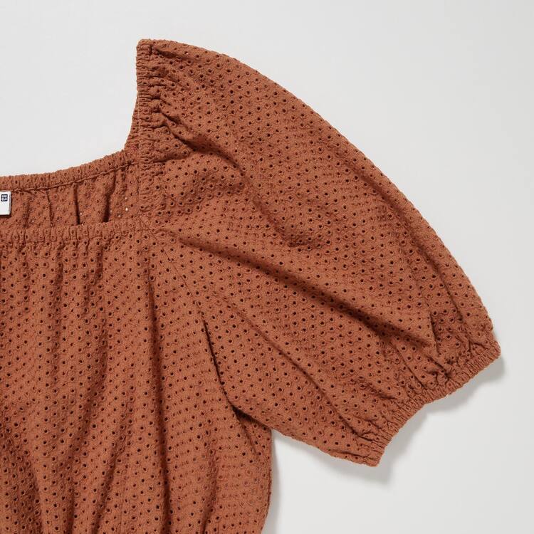 Uniqlo Bavlnene Embroidered Square Neck Kratke Sleeved Blúzky Damske Hnede | OGEHKX-307