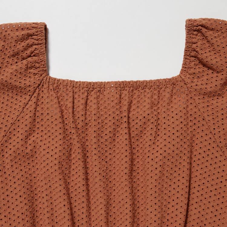 Uniqlo Bavlnene Embroidered Square Neck Kratke Sleeved Blúzky Damske Hnede | OGEHKX-307