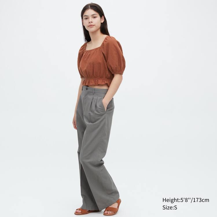 Uniqlo Bavlnene Embroidered Square Neck Kratke Sleeved Blúzky Damske Hnede | OGEHKX-307