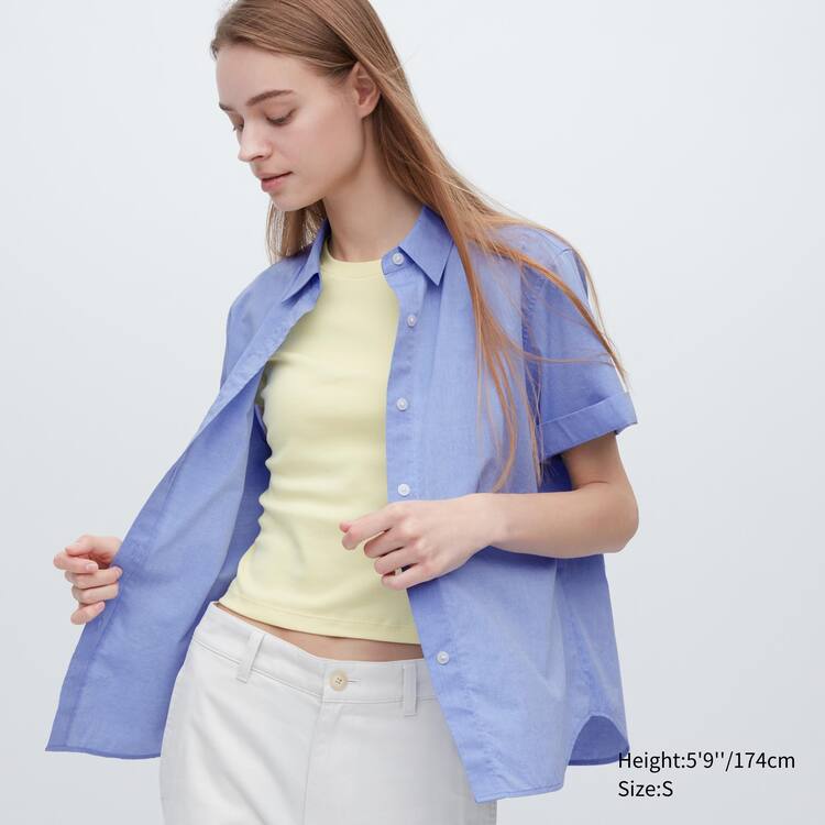 Uniqlo Bavlnene Kratke Sleeved Kosele Damske Modre | RLWKAU-412