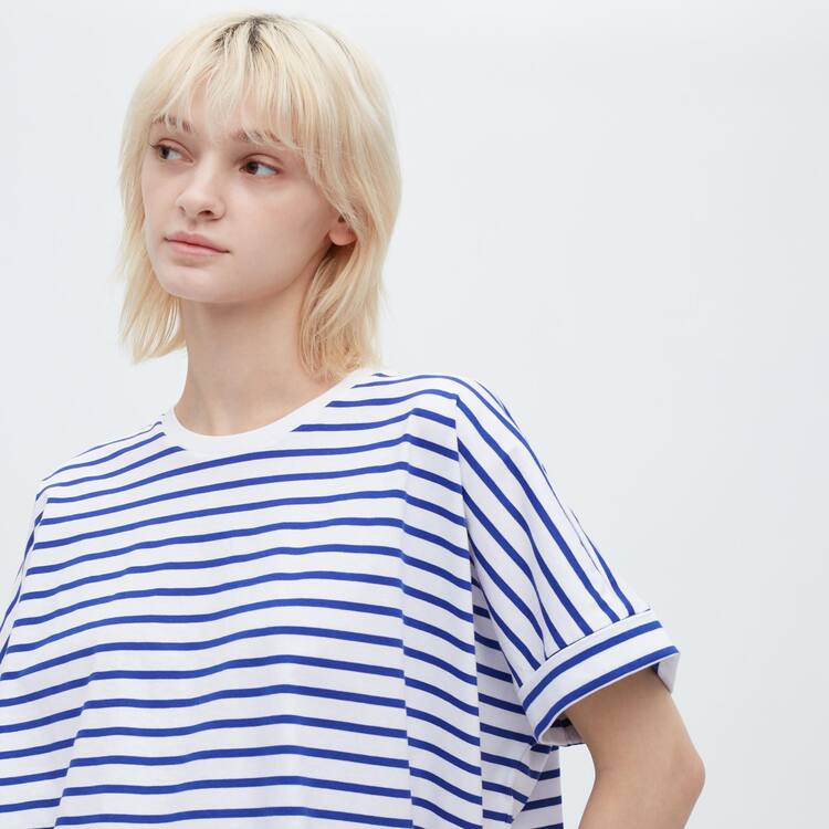 Uniqlo Bavlnene Pruhované French Sleeved Tricko Damske Biele Modre | PFDJVZ-135