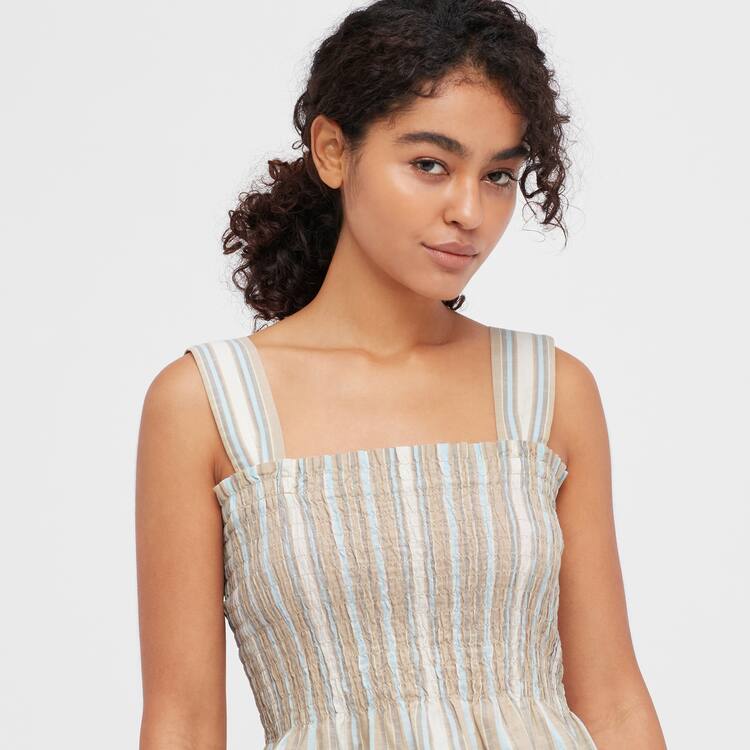 Uniqlo Bavlnene Pruhované Gathered Bez Rukavov Blúzky Damske Béžové | WHDNXE-859