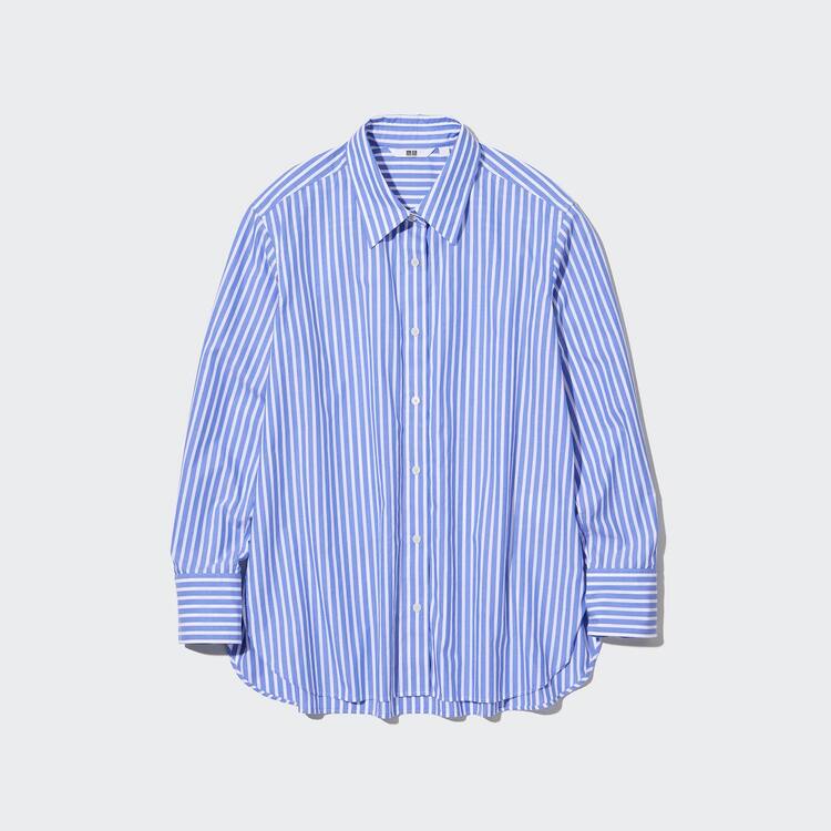 Uniqlo Bavlnene Pruhované Long Sleeved Kosele Damske Modre Biele | HBWTQK-730
