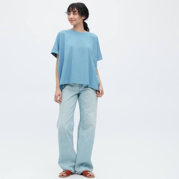 Uniqlo Bavlnene Sleeve Tricko Damske Modre | JRBHGY-397