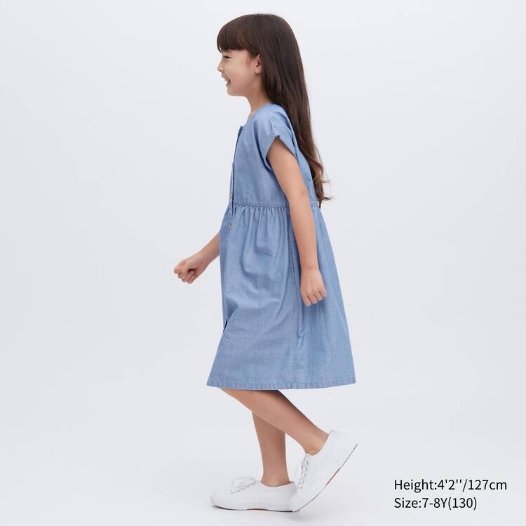 Uniqlo Chambray Gathered Kratke Sleeved Saty Detske Modre | TKWBON-973