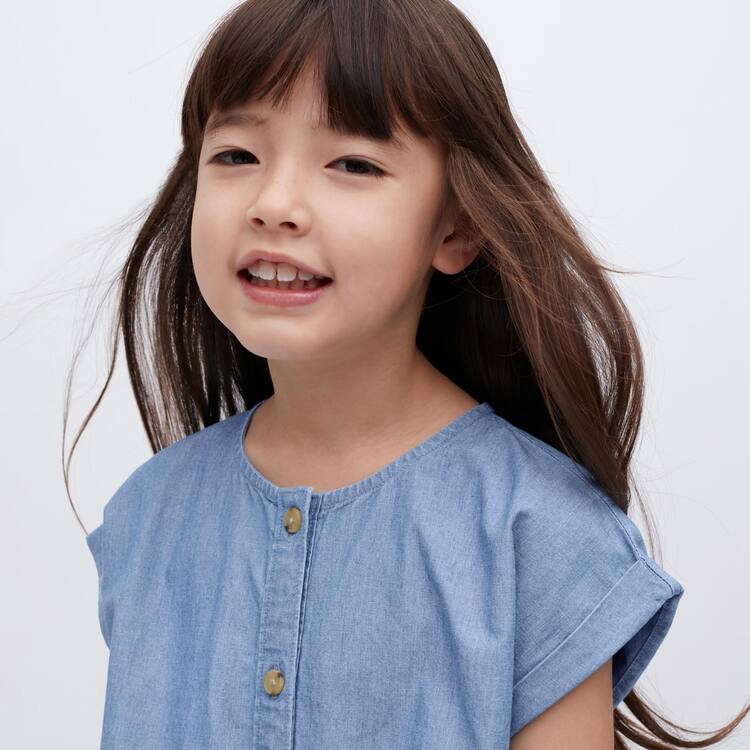 Uniqlo Chambray Gathered Kratke Sleeved Saty Detske Modre | TKWBON-973