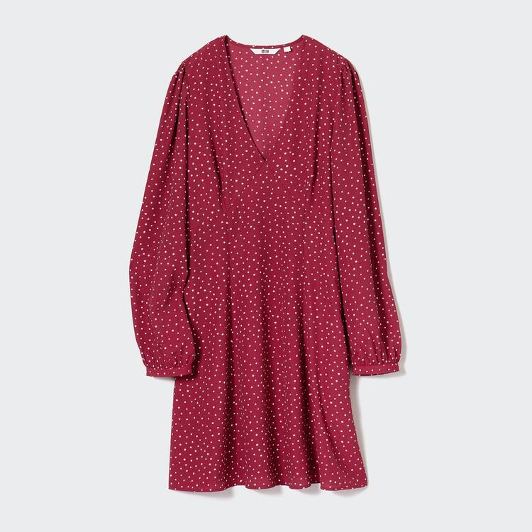 Uniqlo Dotted V Neck Long Sleeved Mini Saty Damske Červené | QRVGZH-182