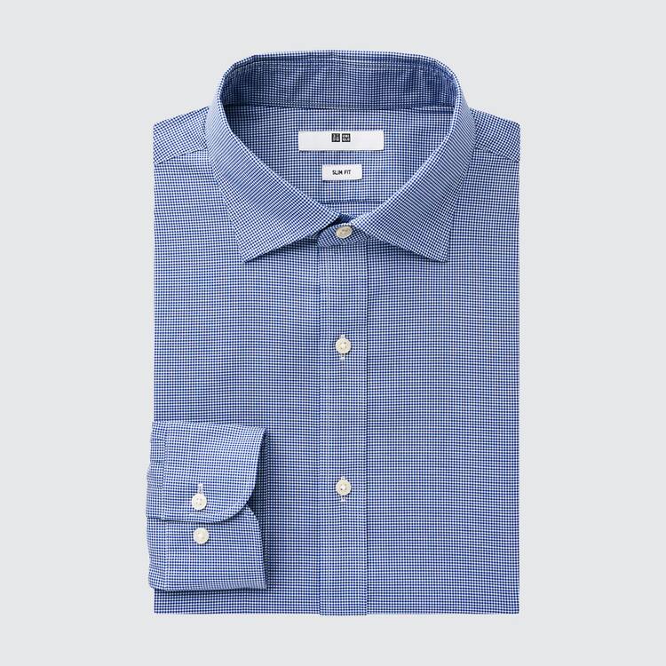 Uniqlo Easy Care Stretch Slim Fit Checked (Semi-cutaway Collar) Kosele Panske Modre | NGTEQP-571