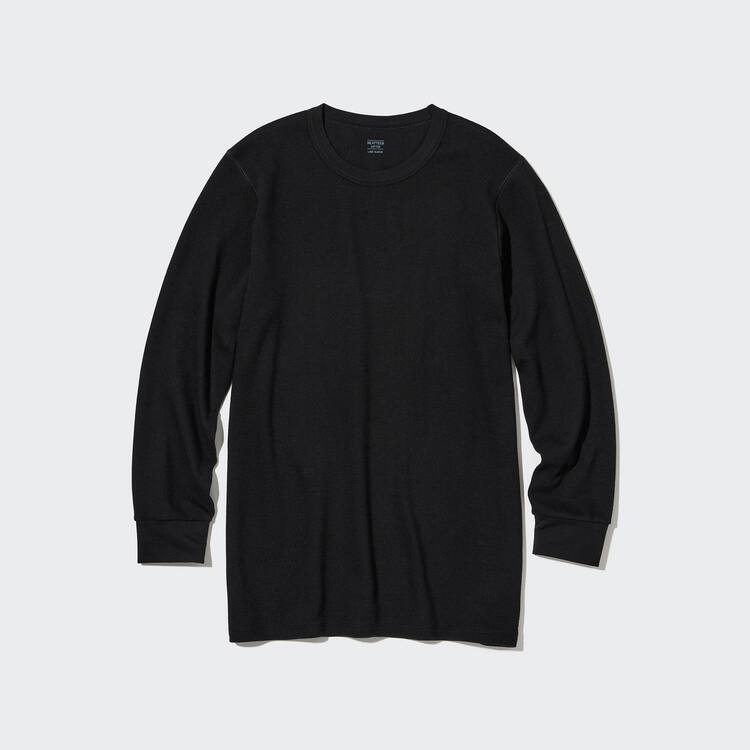 Uniqlo Heattech Extra Warm Bavlnene Waffle Crew Neck Long Sleeved Thermal Topy Panske Čierne | IBQTCY-240