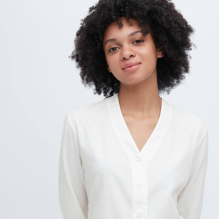 Uniqlo Ines De La Fressange Bavlnene Twill V Neck 3/4 Sleeved Kosele Damske Biele | ZDUMXP-085