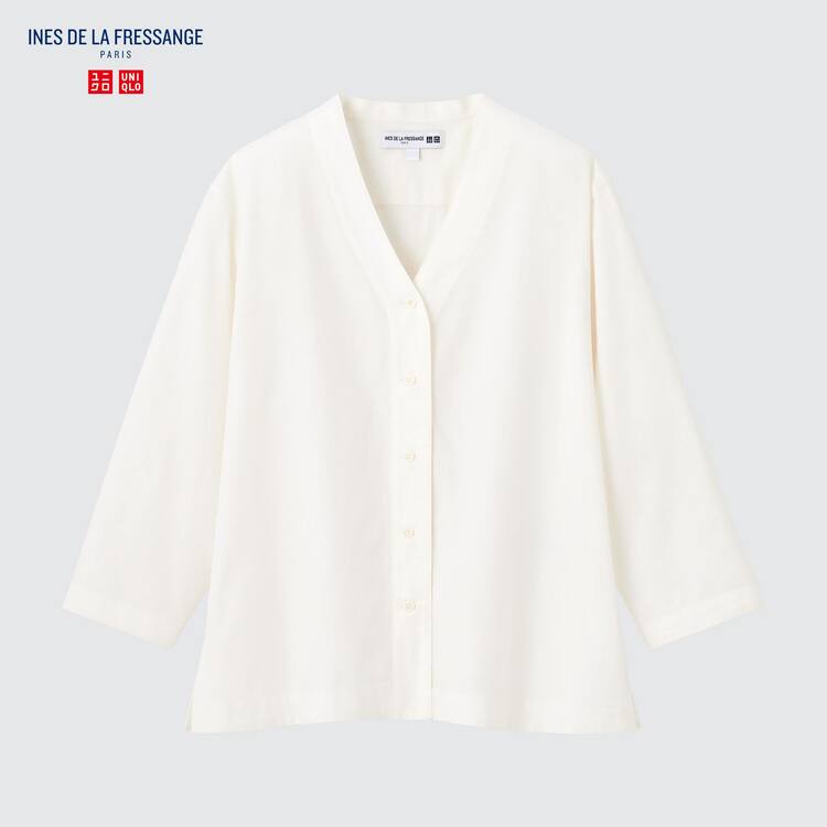 Uniqlo Ines De La Fressange Bavlnene Twill V Neck 3/4 Sleeved Kosele Damske Biele | ZDUMXP-085