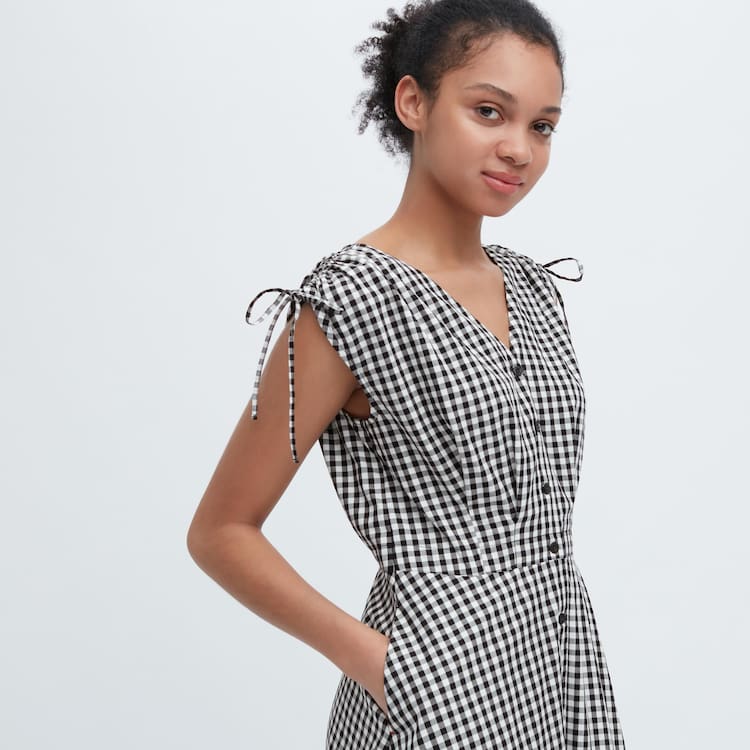 Uniqlo Ines De La Fressange Bavlnene V Neck Bez Rukavov Saty Damske Biele Čierne | EMKQPR-068